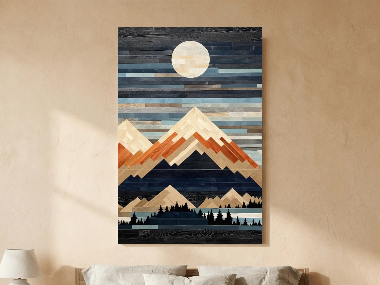 Geometric Wood Mosaic Mountain Range Under Full Moon - Modern Rustic Landscape Wall Art