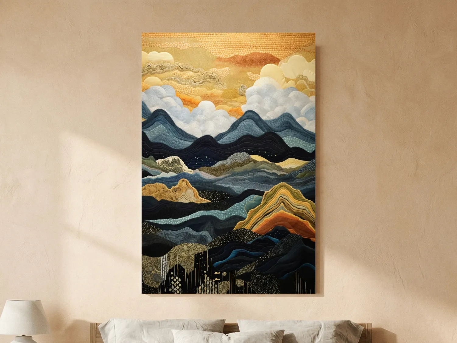 Layered Tapestry Mountain Range Sunrise - Abstract Mixed Media Landscape Wall Art