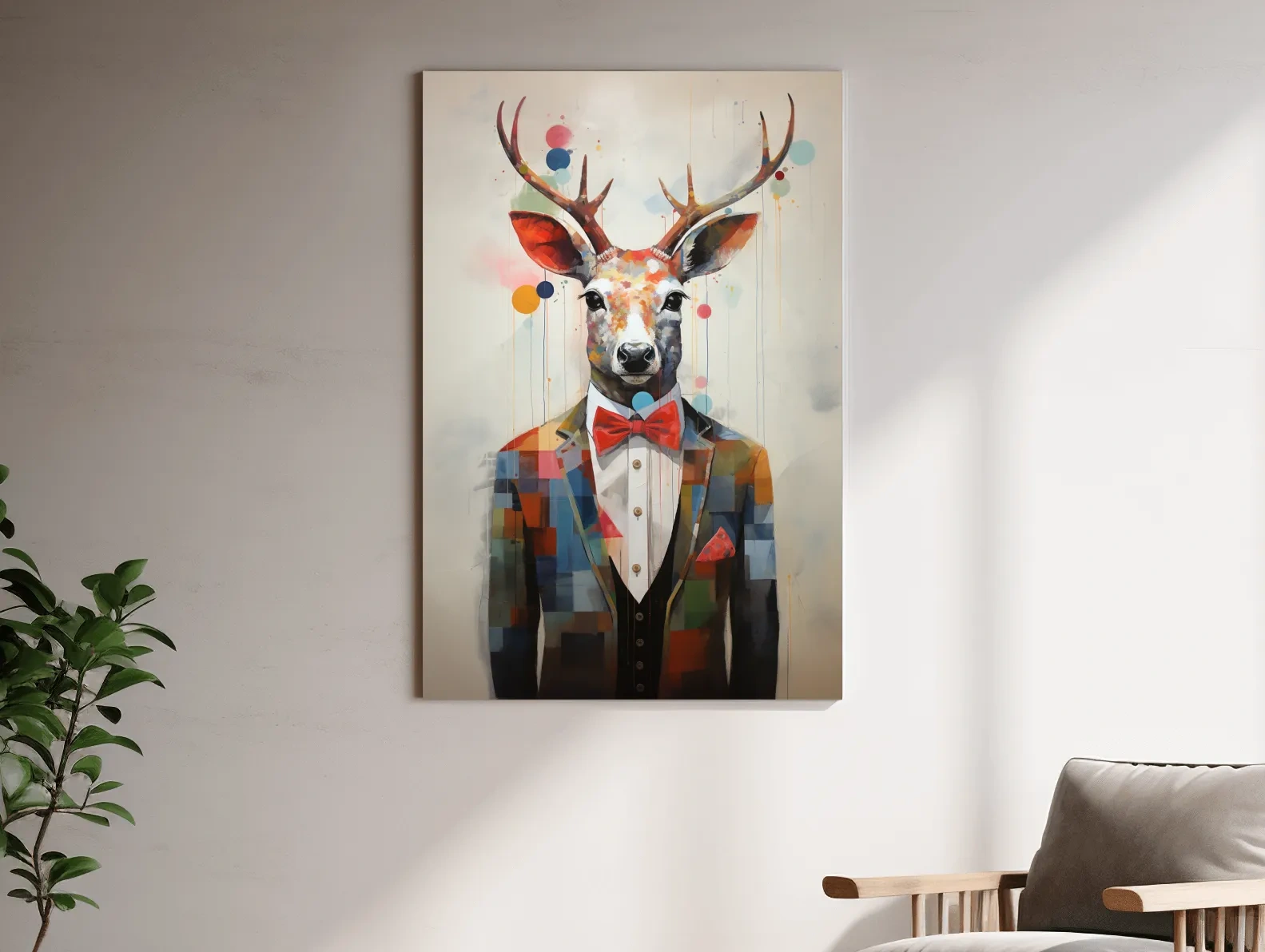 A collage style painting of a deer in a tuxedo