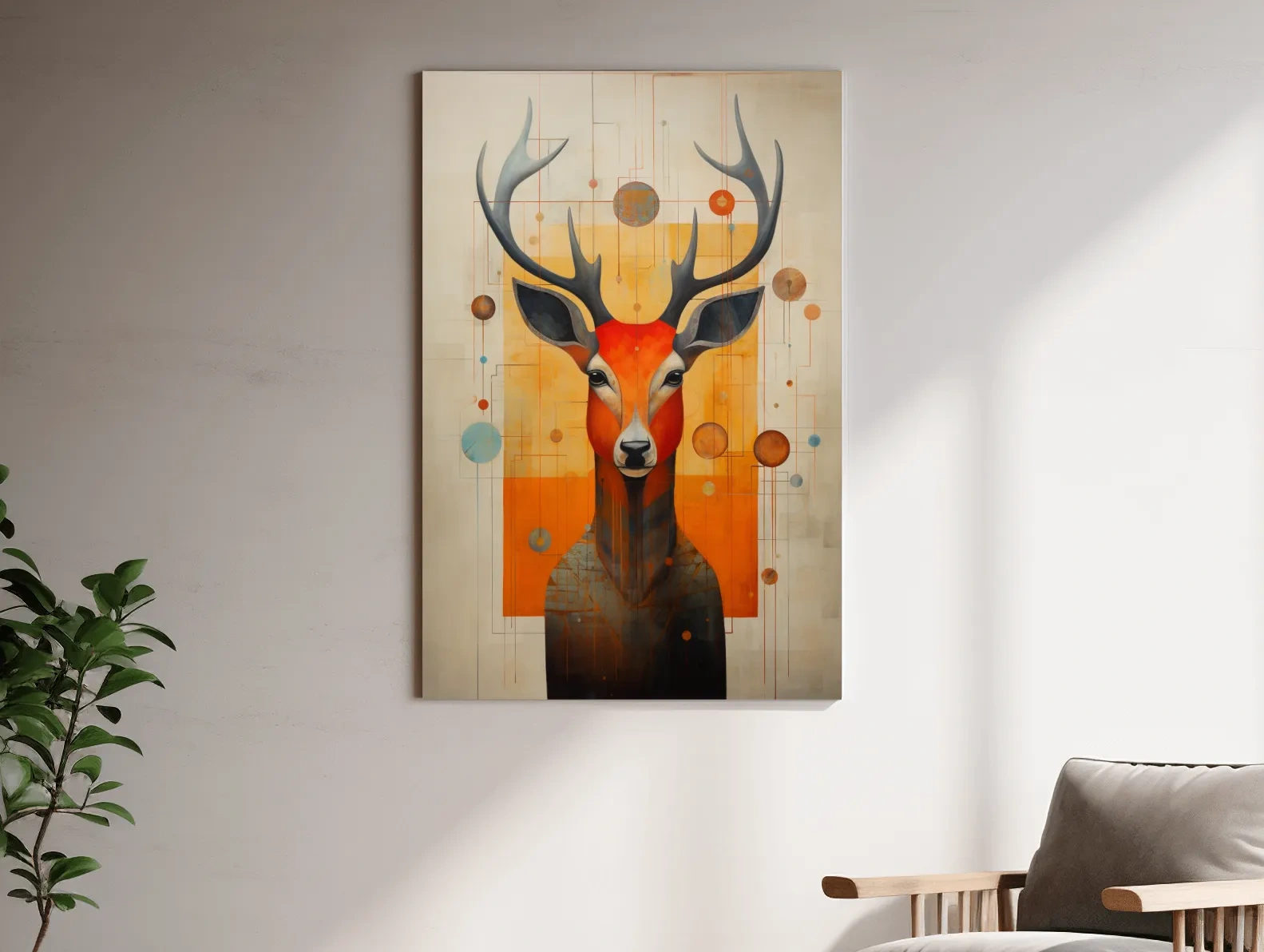 Mid Century Abstract Stag Portrait Painting - Quirky Wildlife Wall Art