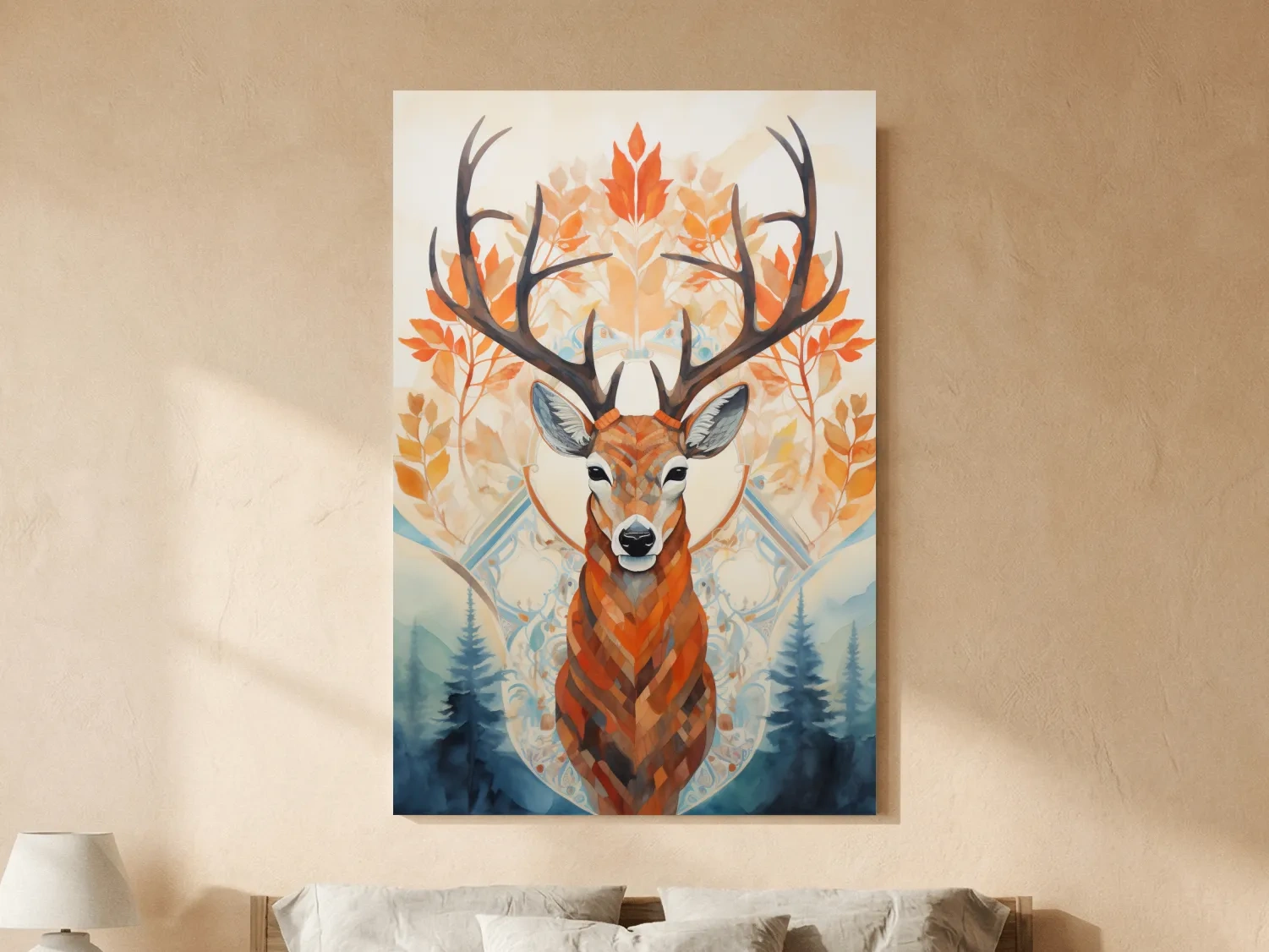Ornate Stag Deer Watercolor Portrait - Autumn Woodland Wildlife Wall Art