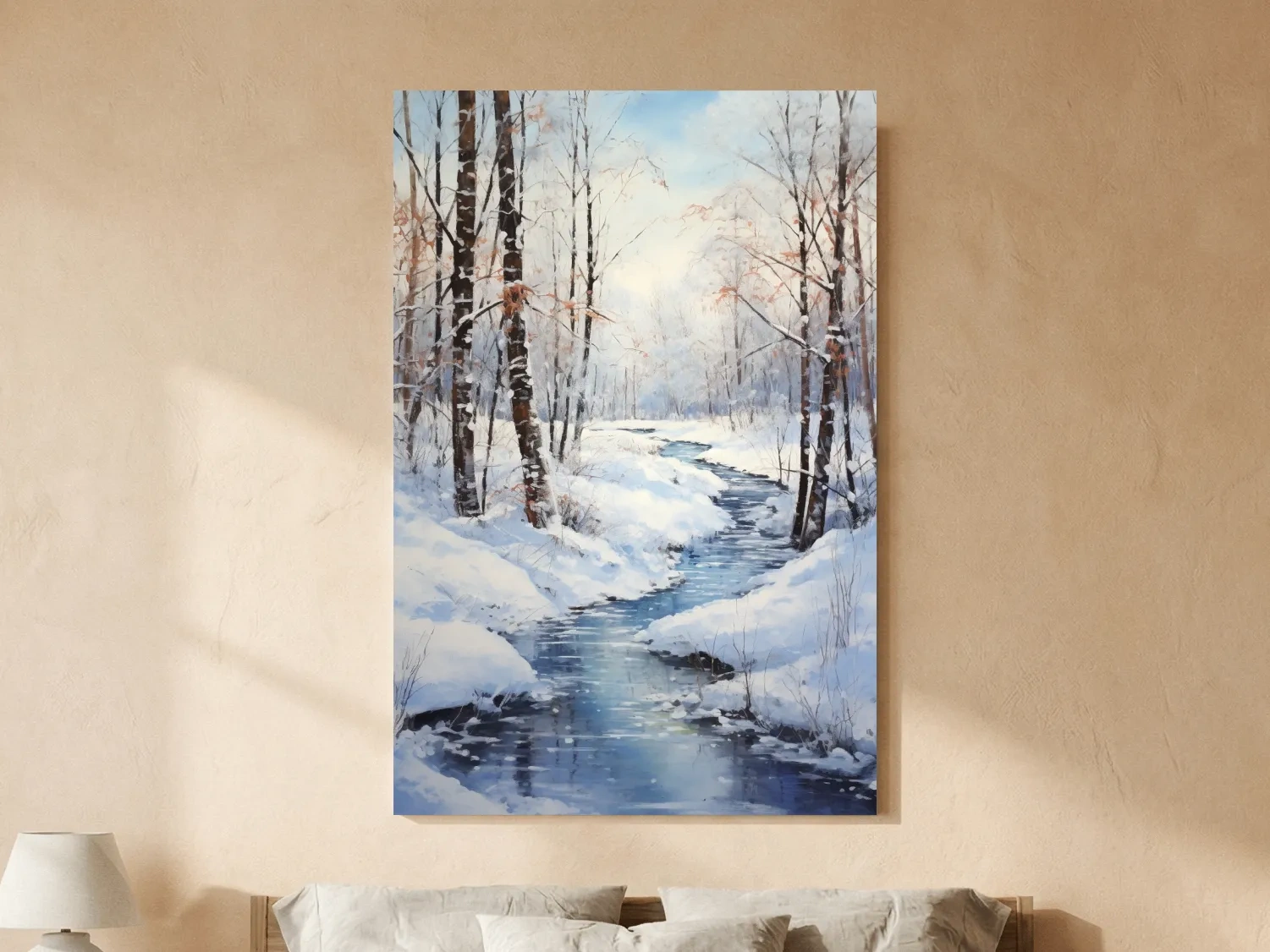 Serene Winter River Forest Painting - Snowy Woodland Wall Art