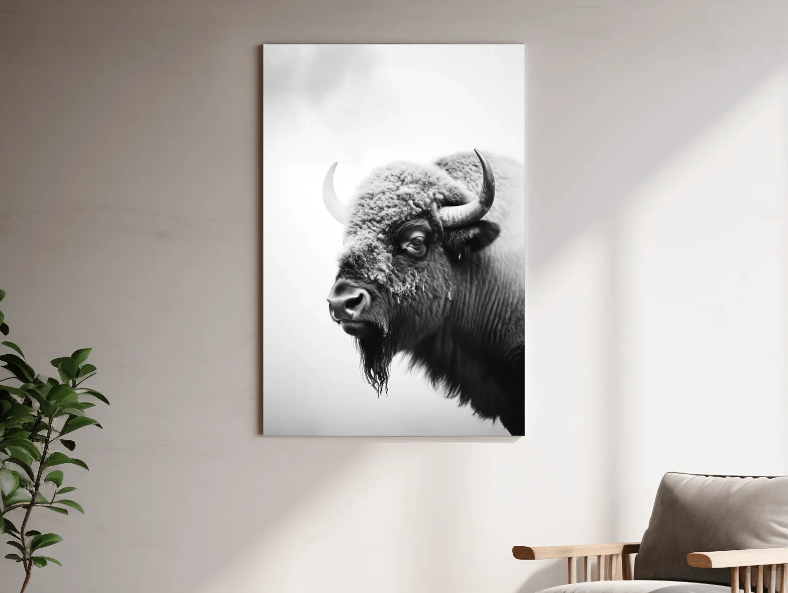 Moody Black And White Bison Portrait - Minimalist Photographic Wildlife Wall Art