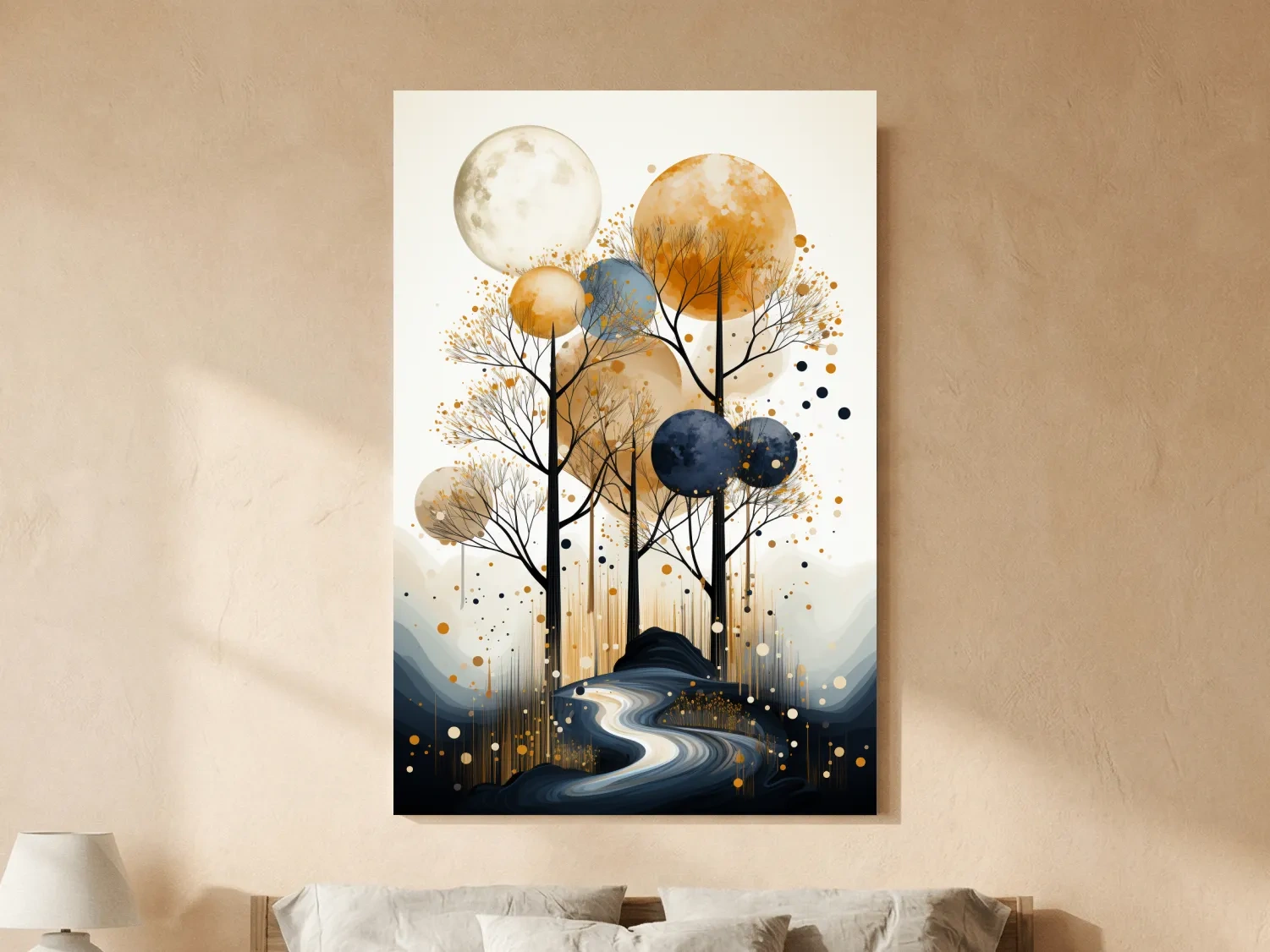 Surreal Golden Moonlit Forest River - Chic Boho Landscape Wall Art