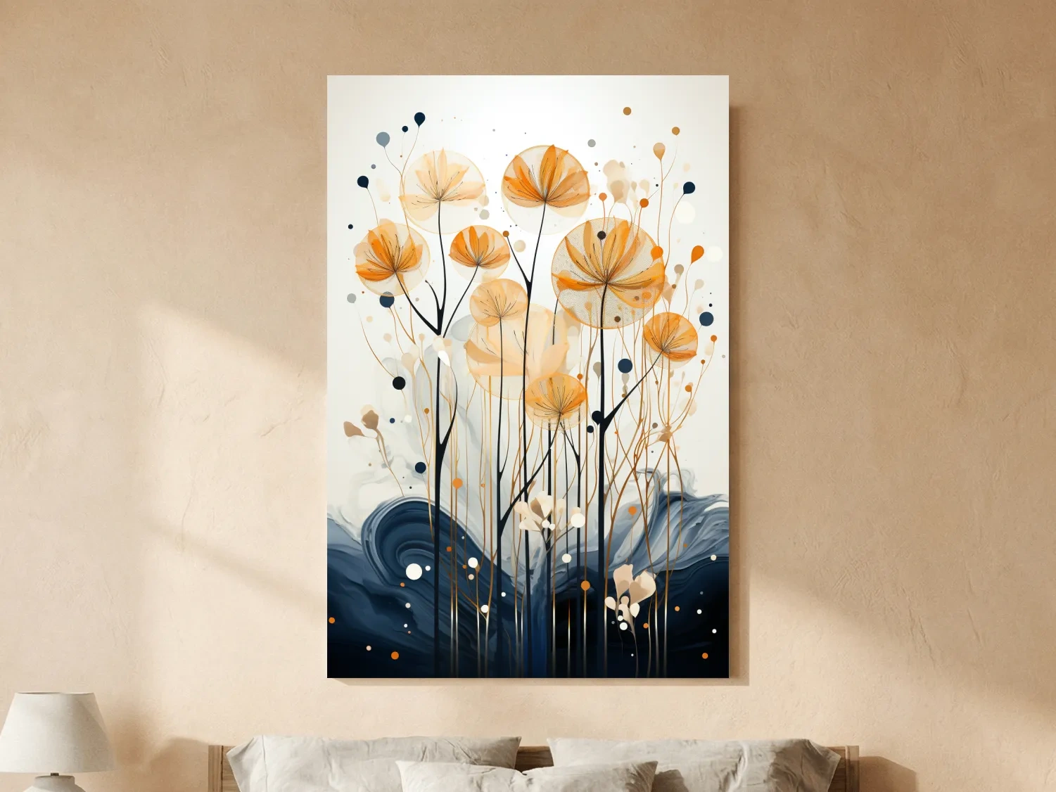 Abstract Golden Wildflower Ink Wash - Botanical Boho Wall Art