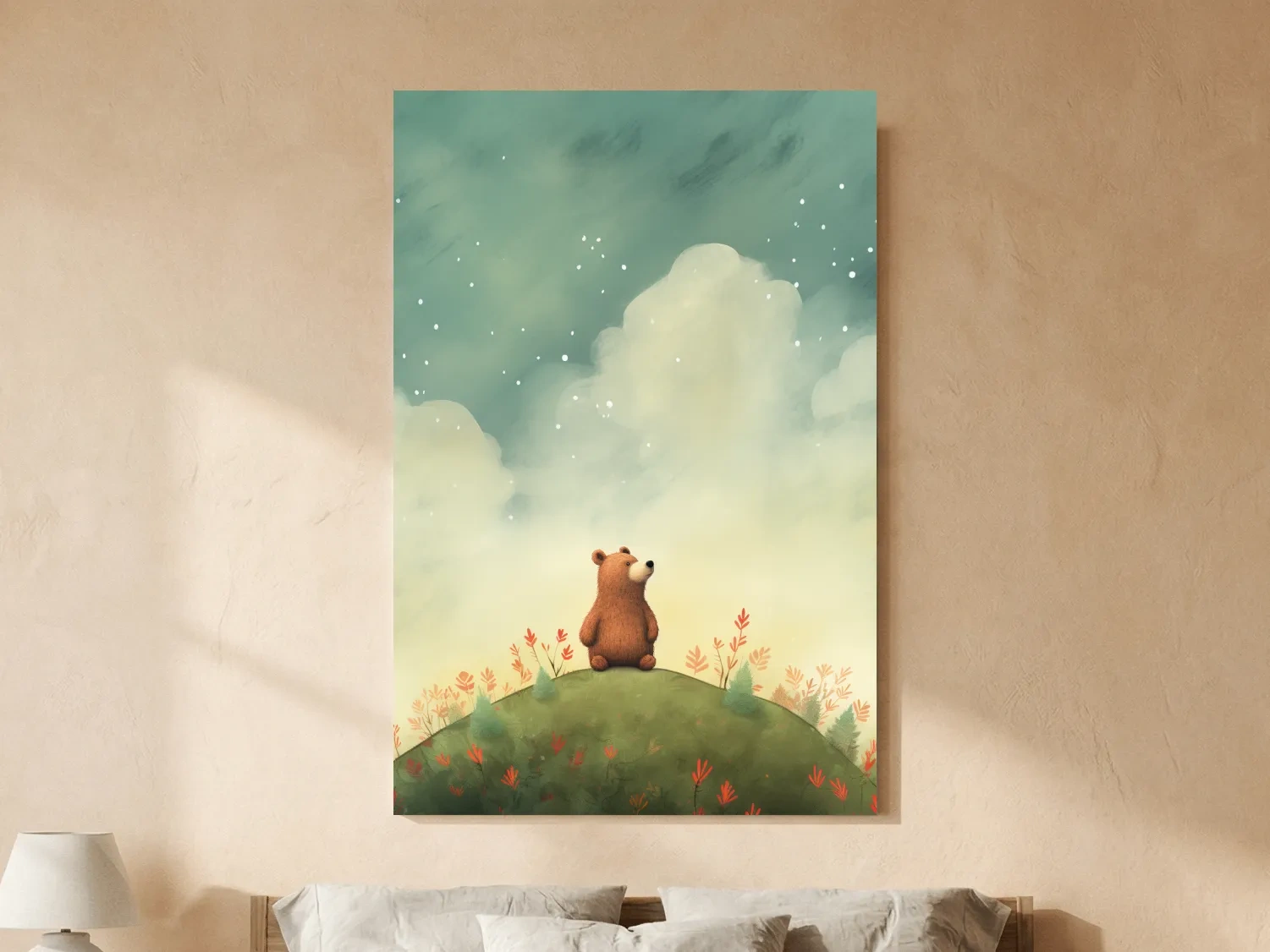 Whimsical Bear Cub Under Starry Sky - Nursery Watercolor Illustration Wall Art