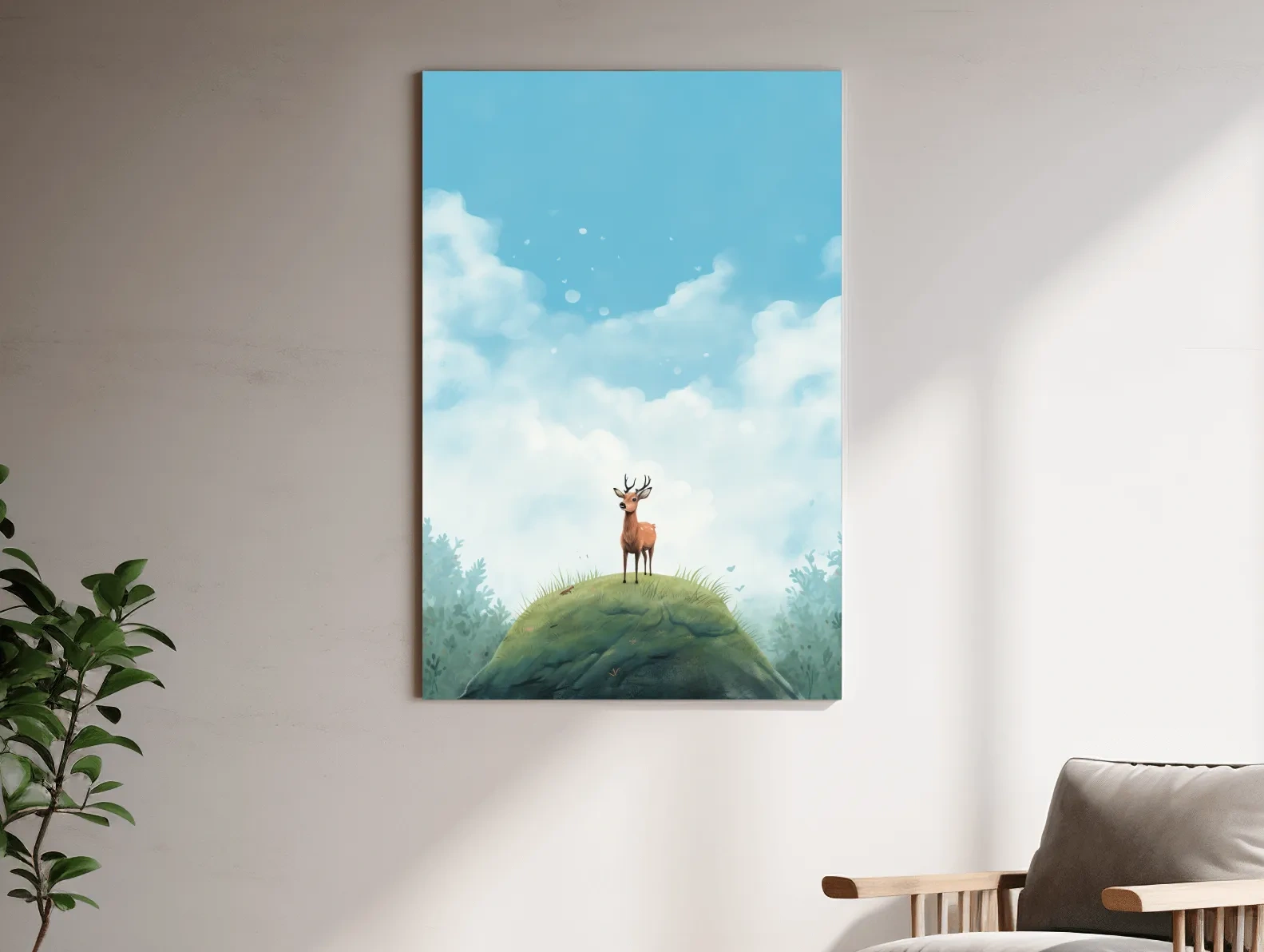 Whimsical Watercolor Deer on Grassy Hill - Serene Woodland Nursery Wall Art