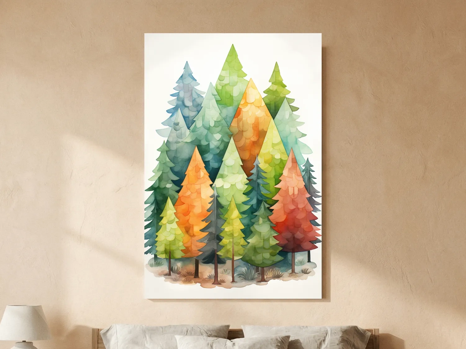 Whimsical Watercolor Pine Forest Illustration - Colorful Scandinavian Nature Wall Art