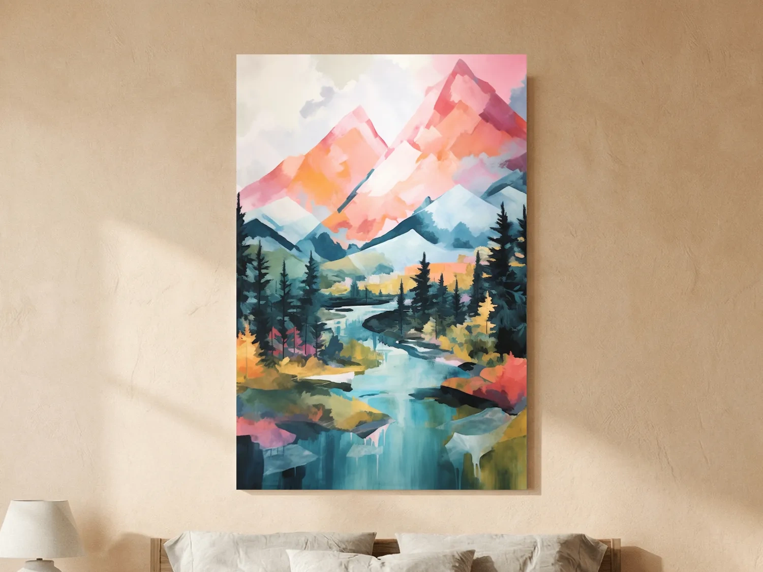 Vibrant Mountain River Landscape Painting - Colorful Alpine Forest Wall Art