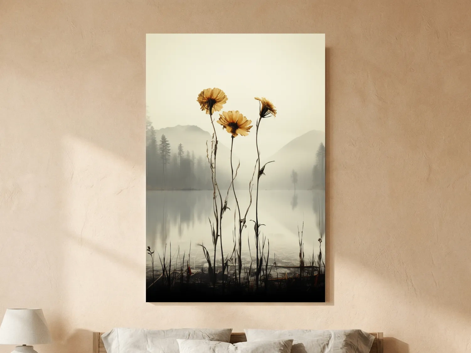 Wildflower Misty Lake Landscape - Minimalist Botanical Wall Art