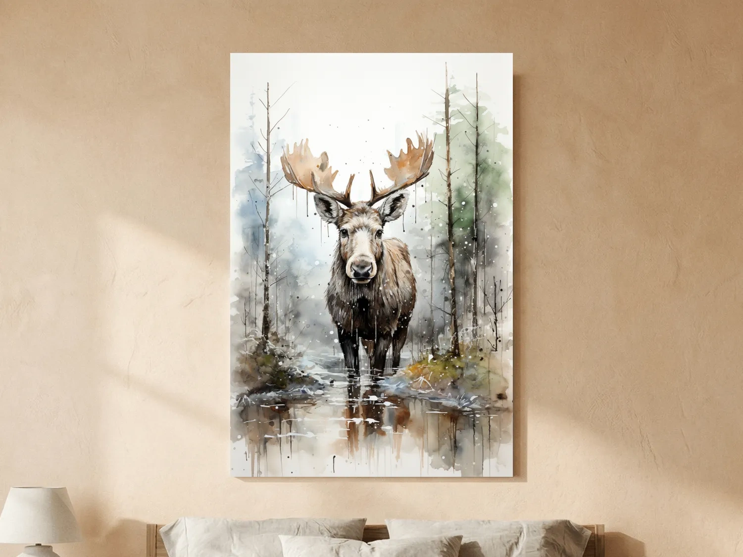 Watercolor Moose In Misty Forest - Rustic Woodland Wildlife Painting Wall Art