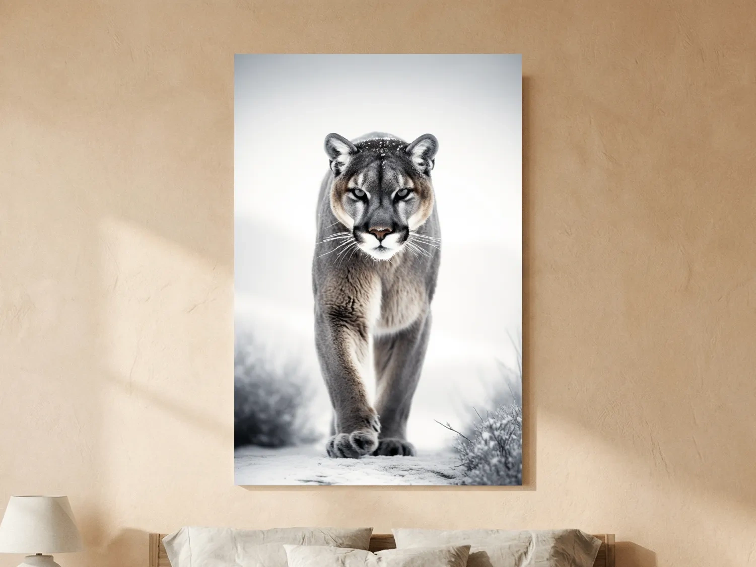 Snowy Cougar Close Up Wildlife Portrait - Winter Nature Wall Art