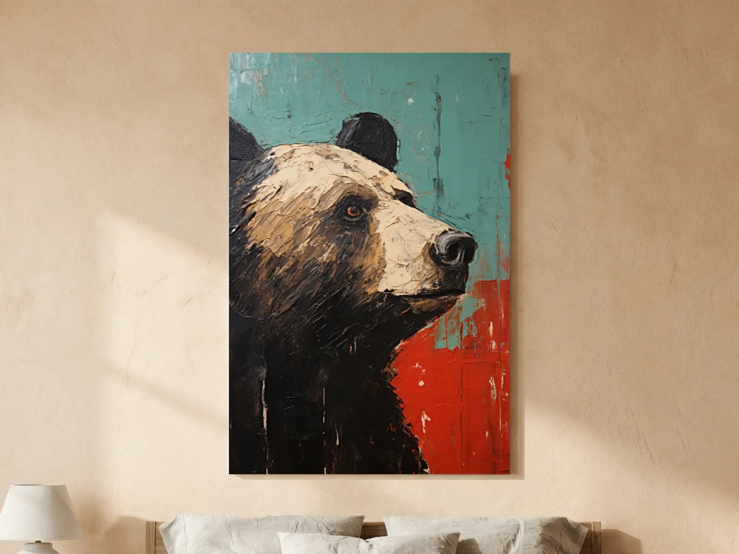Rustic impasto style painting of a black bears head