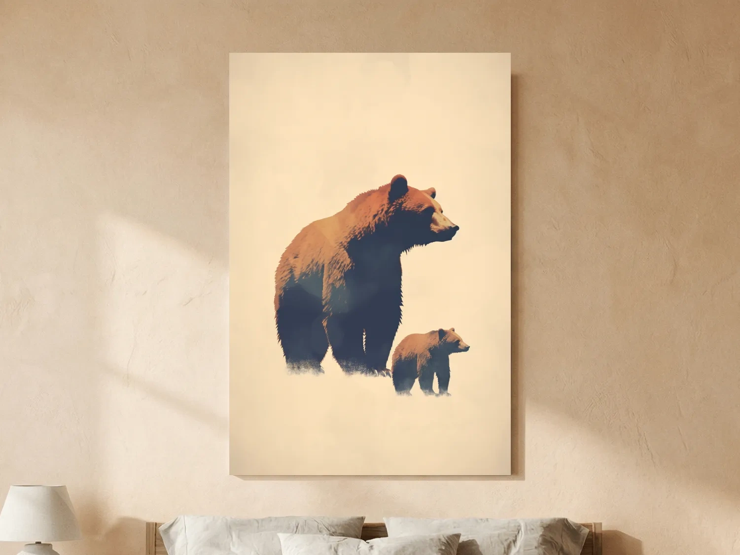 Minimalist Grizzly Bear Mother And Cub Artwork - Neutral Wildlife Wall Art
