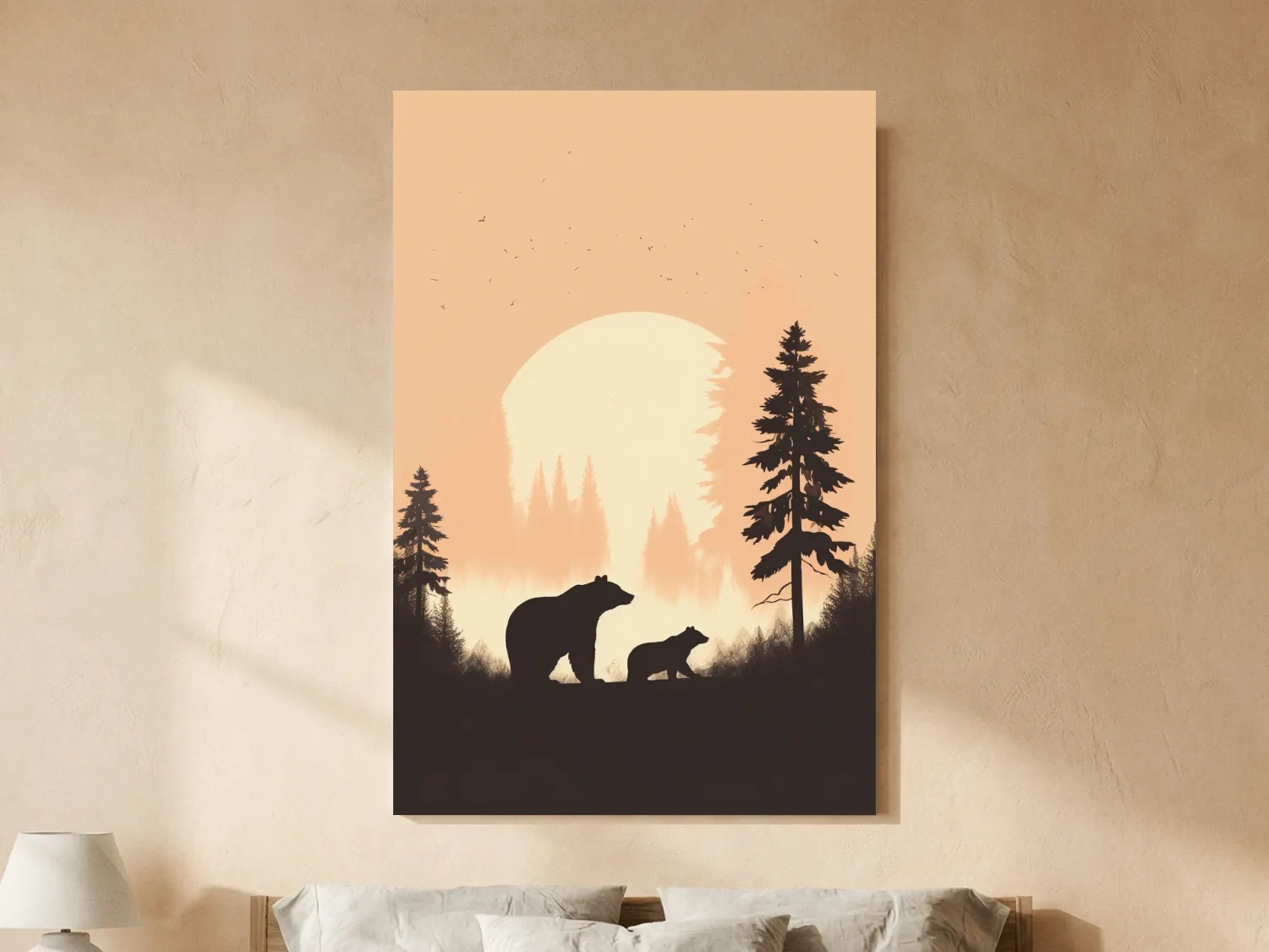 Momma Bear & Cub Silhouettes At Sunset - Minimalist Forest Wildlife Wall Art