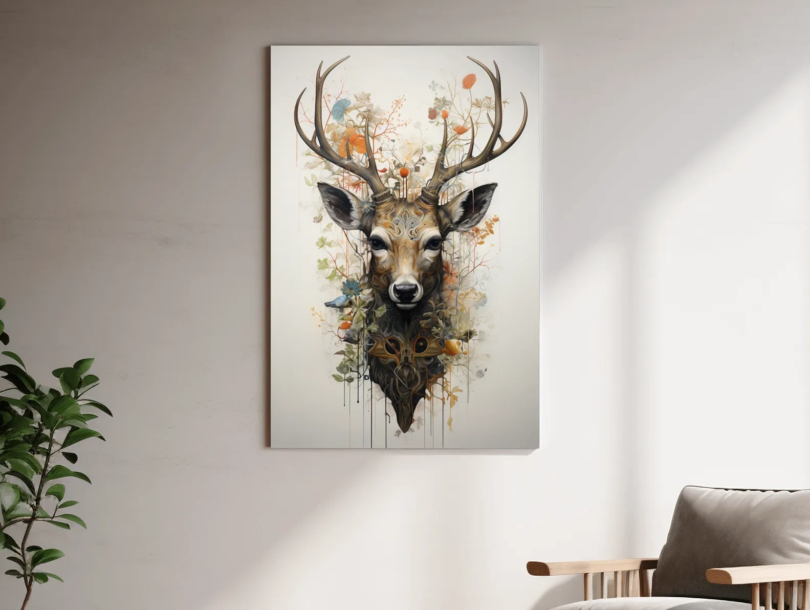 Ornate Floral Deer Head Illustration - Elegant Woodland Wildlife Wall Art