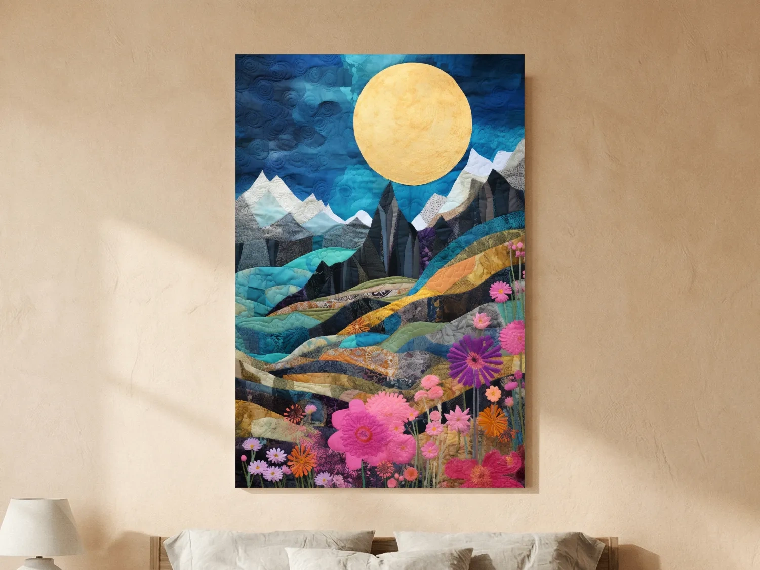 Quilted Wildflower Mountain Landscape - Colorful Patchwork Textile Style Wall Art