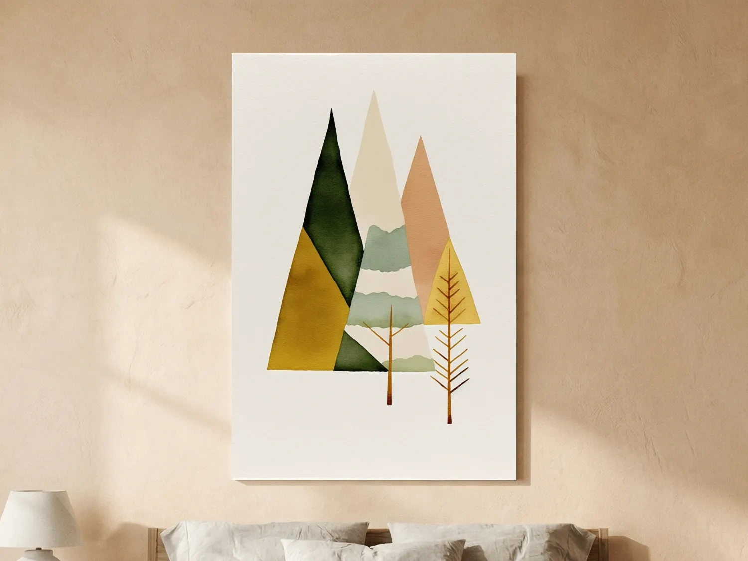 Minimalist Scandinavian Geometric Mountains - Modern Watercolor Forest Landscape Wall Art