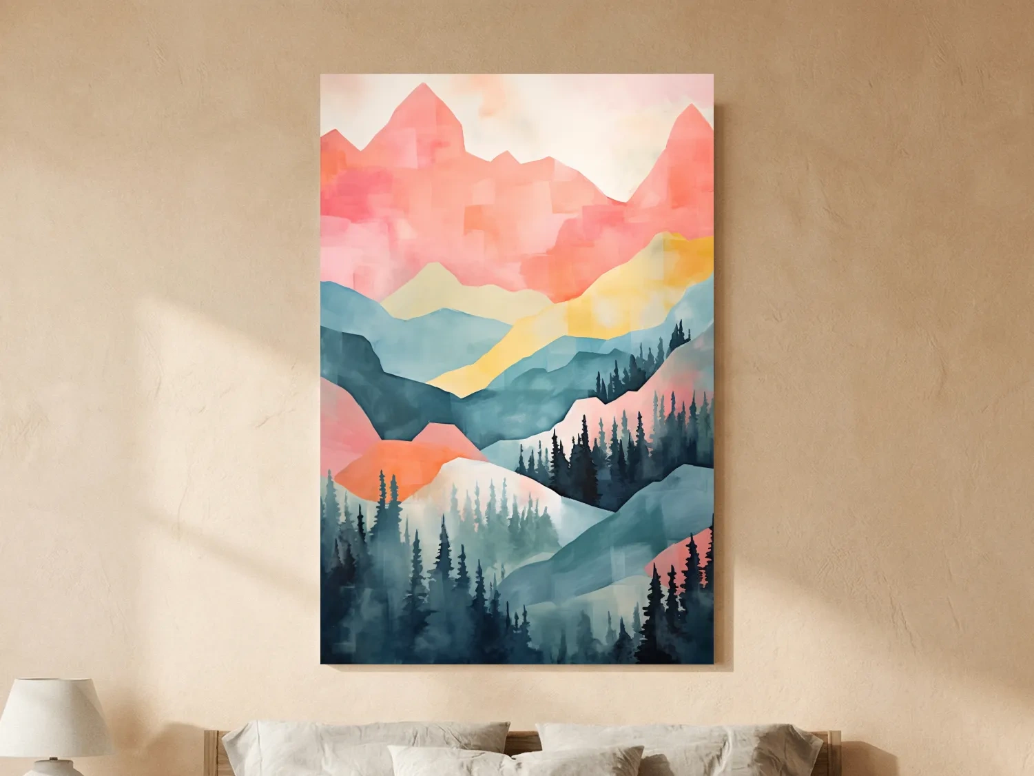 Abstract Watercolor Mountain Sunrise Landscape - Pastel Alpine Forest Wall Art