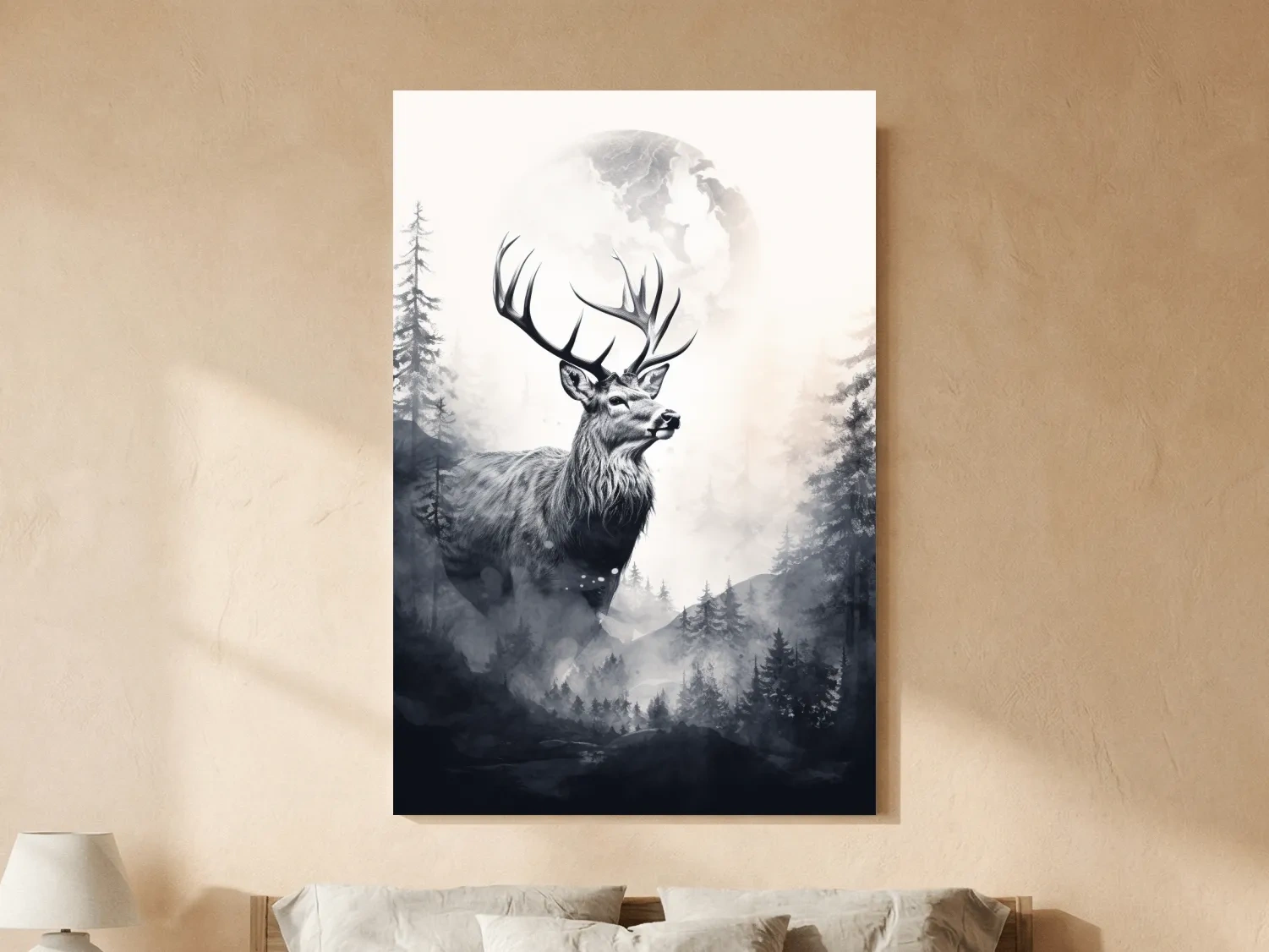 Majestic Stag In Misty Moonlit Forest - Double Exposure Wildlife Wall Art