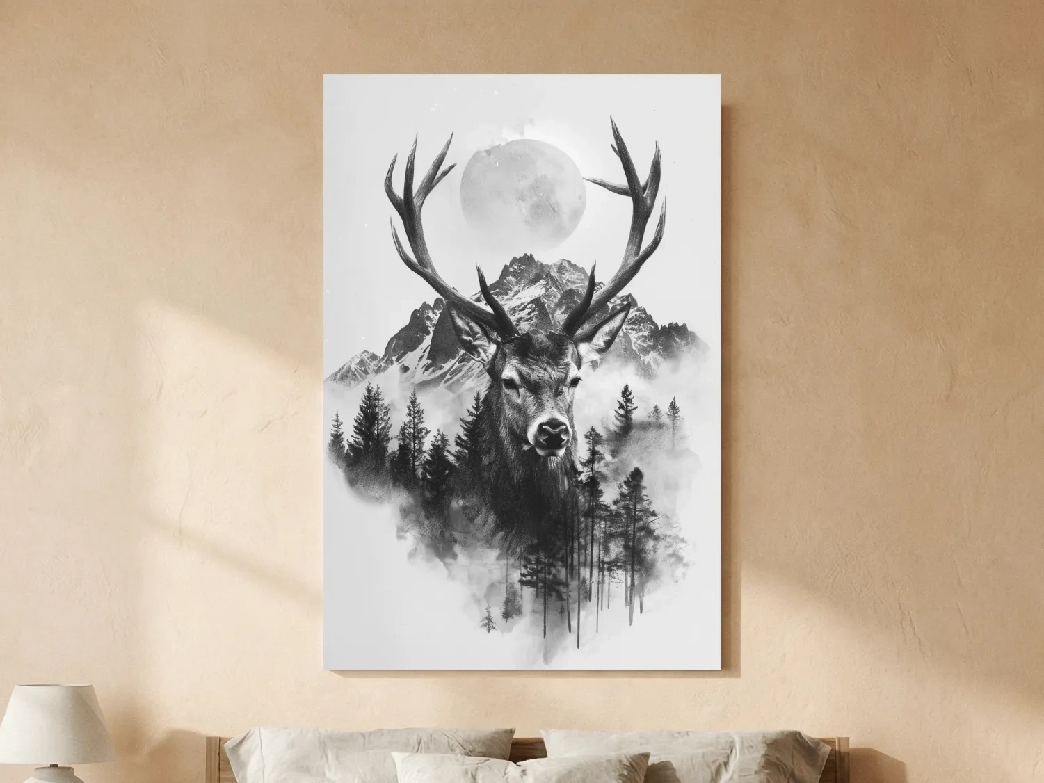 Monochrome Stag Glacier Moon Drawing - Double Exposure Wildlife Wall Art