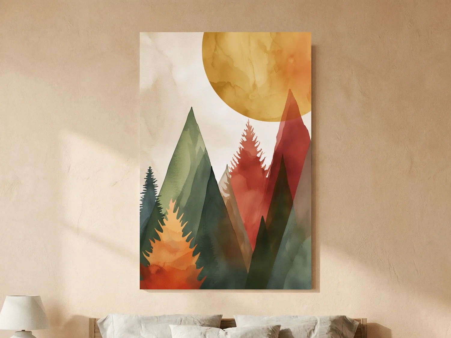 Rustic Watercolor Mountain Forest Sunrise - Modern Minimalist Wall Art