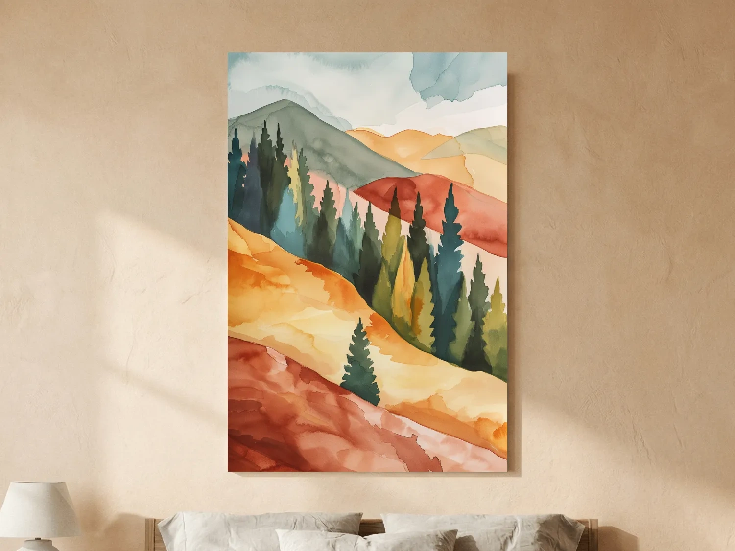 Rustic Autumn Watercolor Mountains & Pine Forest - Serene Abstract Landscape Wall Art