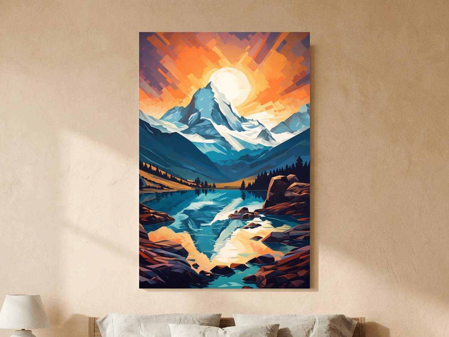 Vibrant Geometric Alpine Glacier Sunrise - Abstract Lake Landscape Wall Art