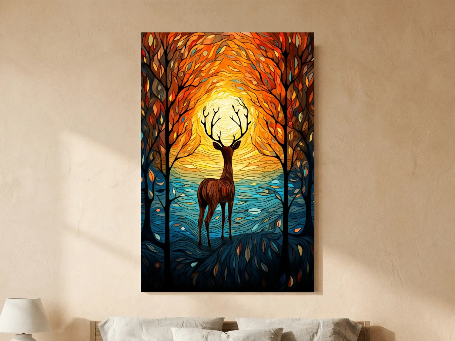 Glowing Autumn Forest Deer Silhouette - Vibrant Stained Glass Style Wall Art