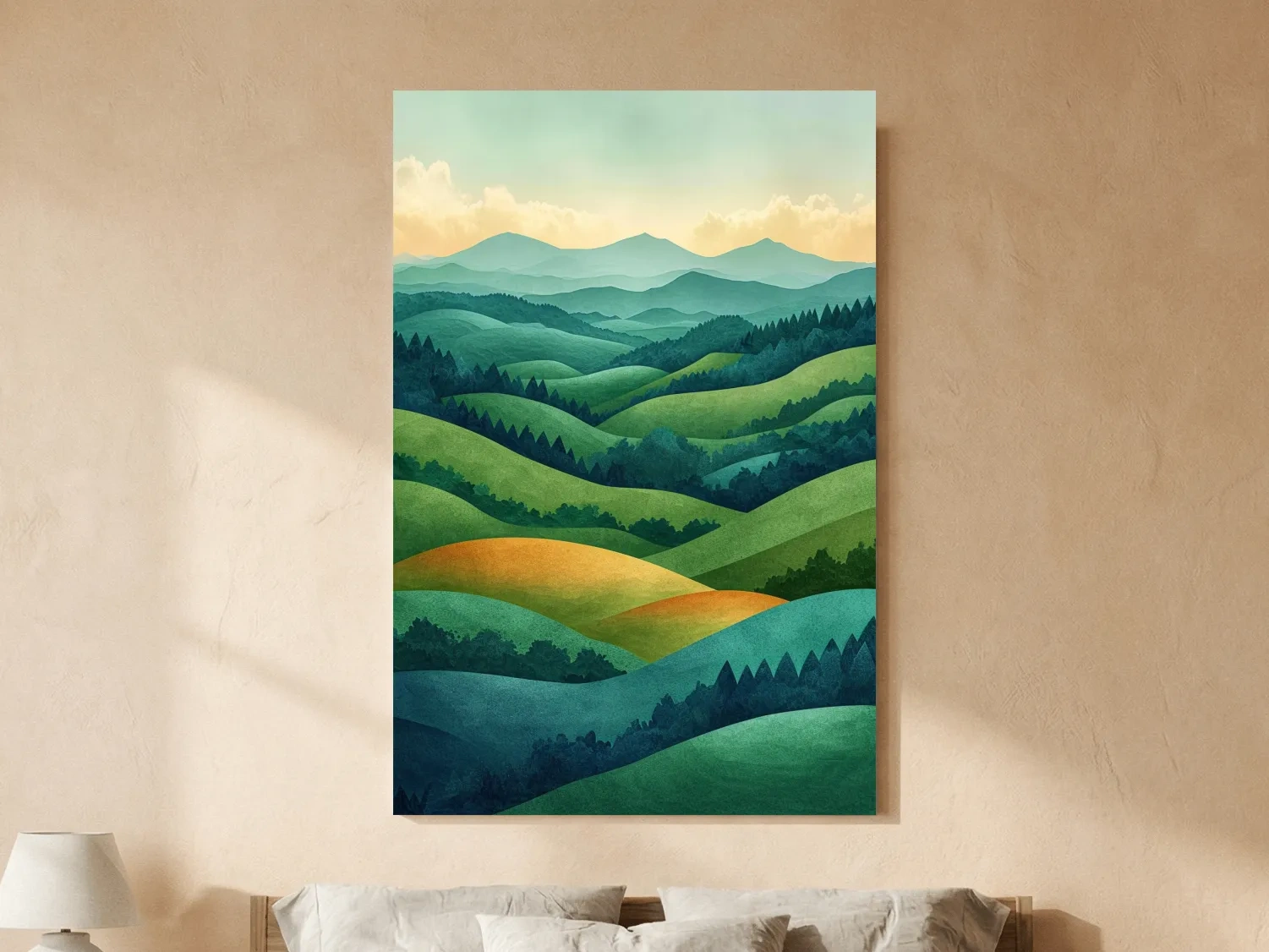 Layered Emerald Rolling Hills Landscape - Serene Scandinavian Nature Wall Art