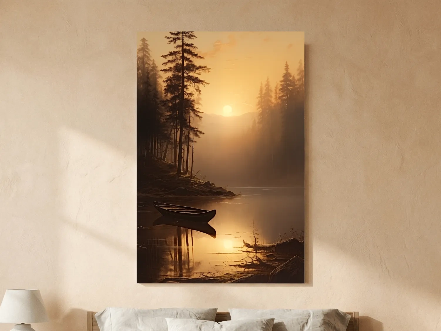 Misty Golden Lake Sunrise With Canoe - Serene Pine Forest Mountain Landscape Wall Art