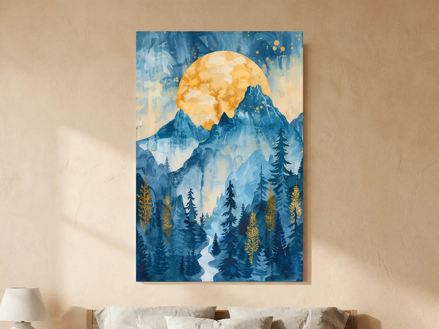 Alpine Sunset Watercolor Painting - Mountain Forest Landscape Wall Art