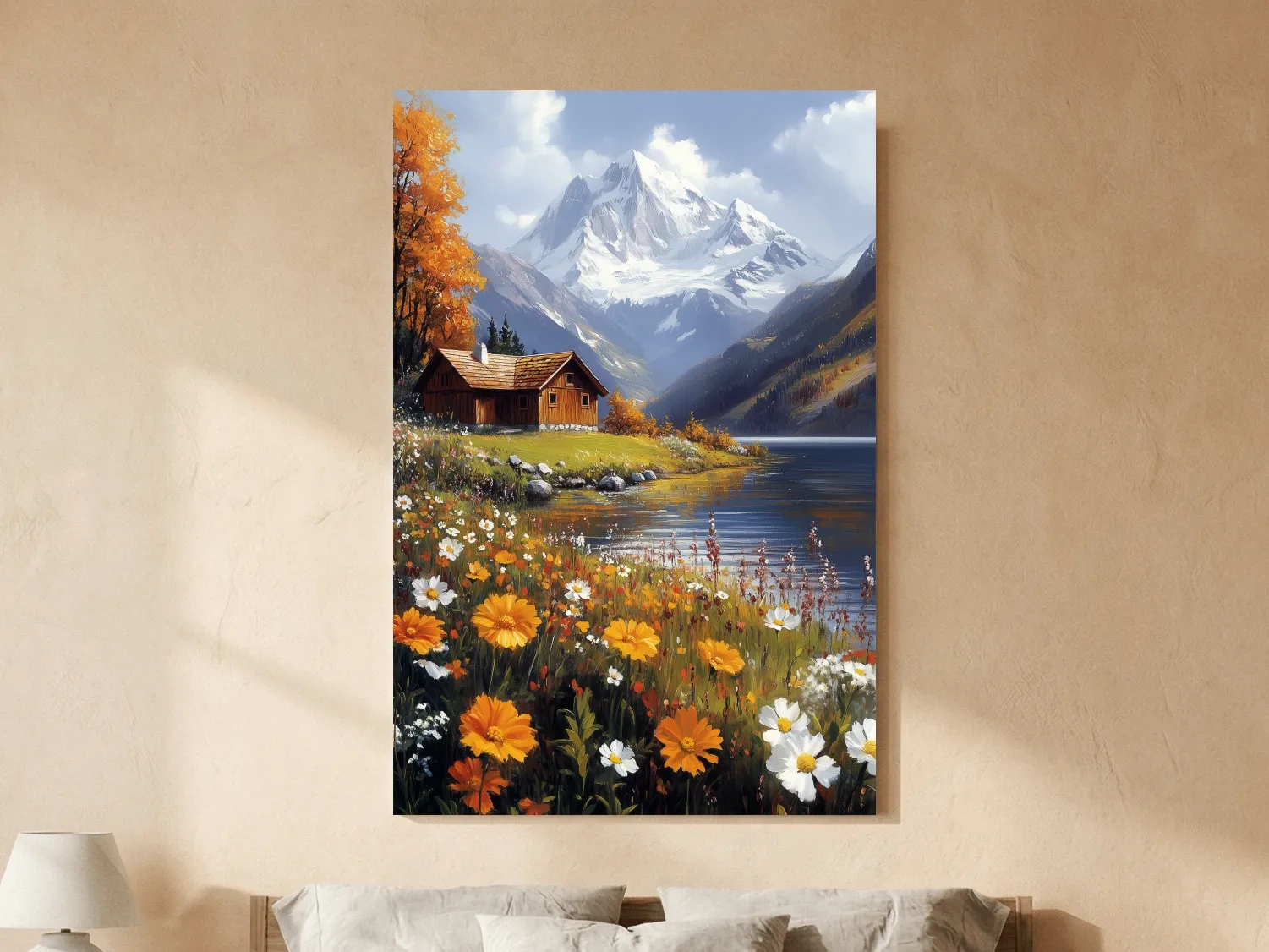 Autumn Alpine Lake Cabin Impressionist Painting - Snowcapped Mountain Wildflower Wall Art