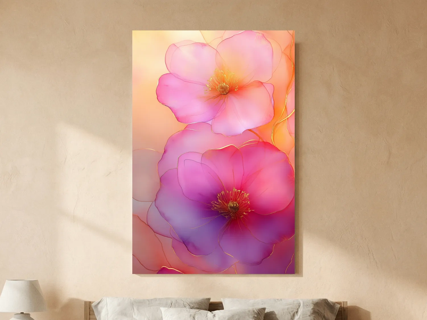 Ethereal Pink Watercolor Blossoms With Gold Accents - Floral Botanical Wall Art