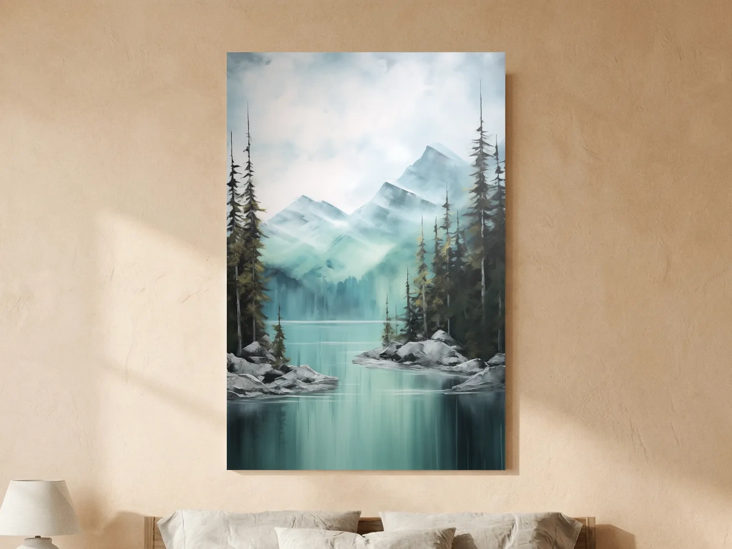 Misty Turquoise Mountain Lake Landscape - PNW Watercolor Forest Wall Art