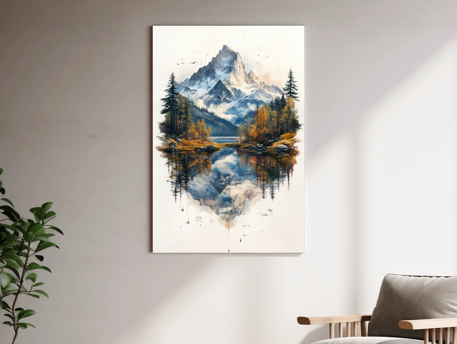 Misty Alpine Mountain Lake Painting - Autumn Pine Forest Tattoo Style Wall Art