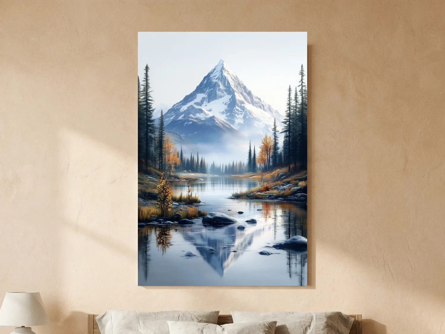 Majestic Snowcapped Mountain Lake Artwork - Serene Alpine Meadows Wall Art