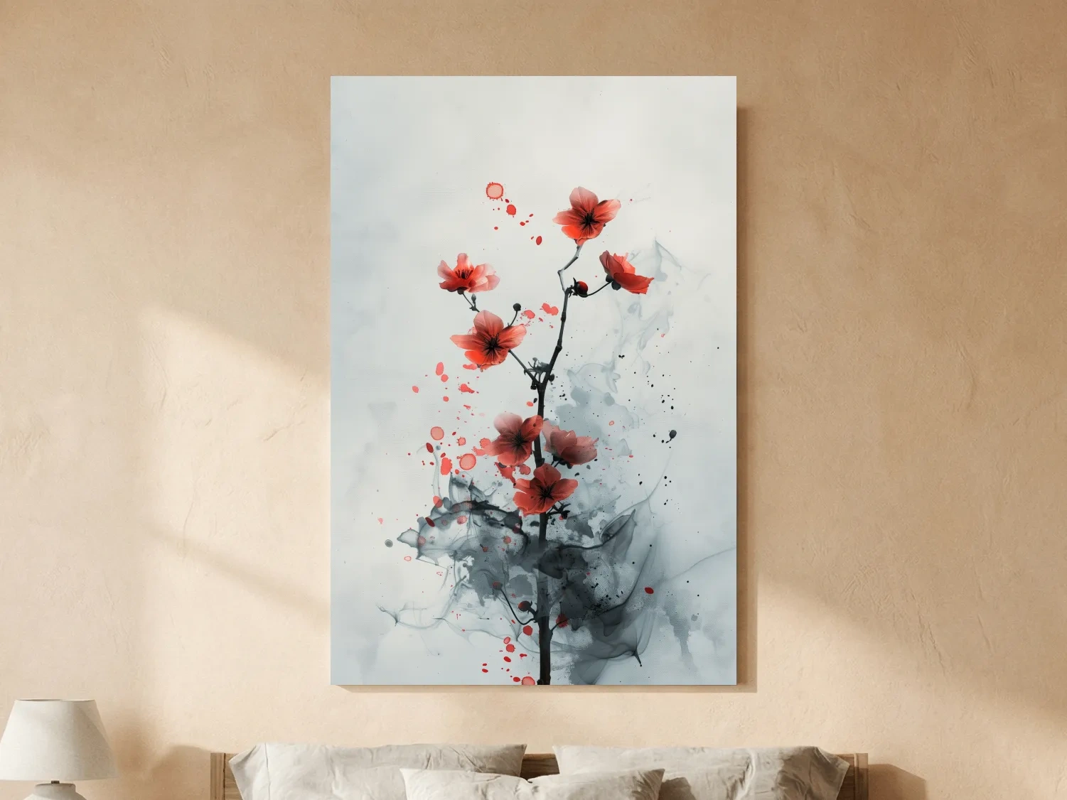Red Cherry Blossom Ink Wash Painting - Minimalist Floral Wall Art