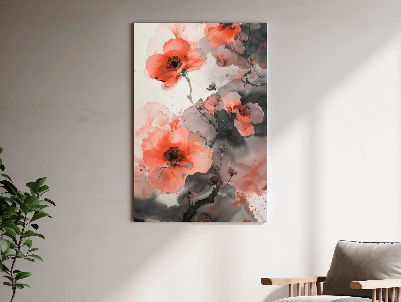 Poppy Blossom Ink Wash Painting - Floral Botanical Watercolor Artwork