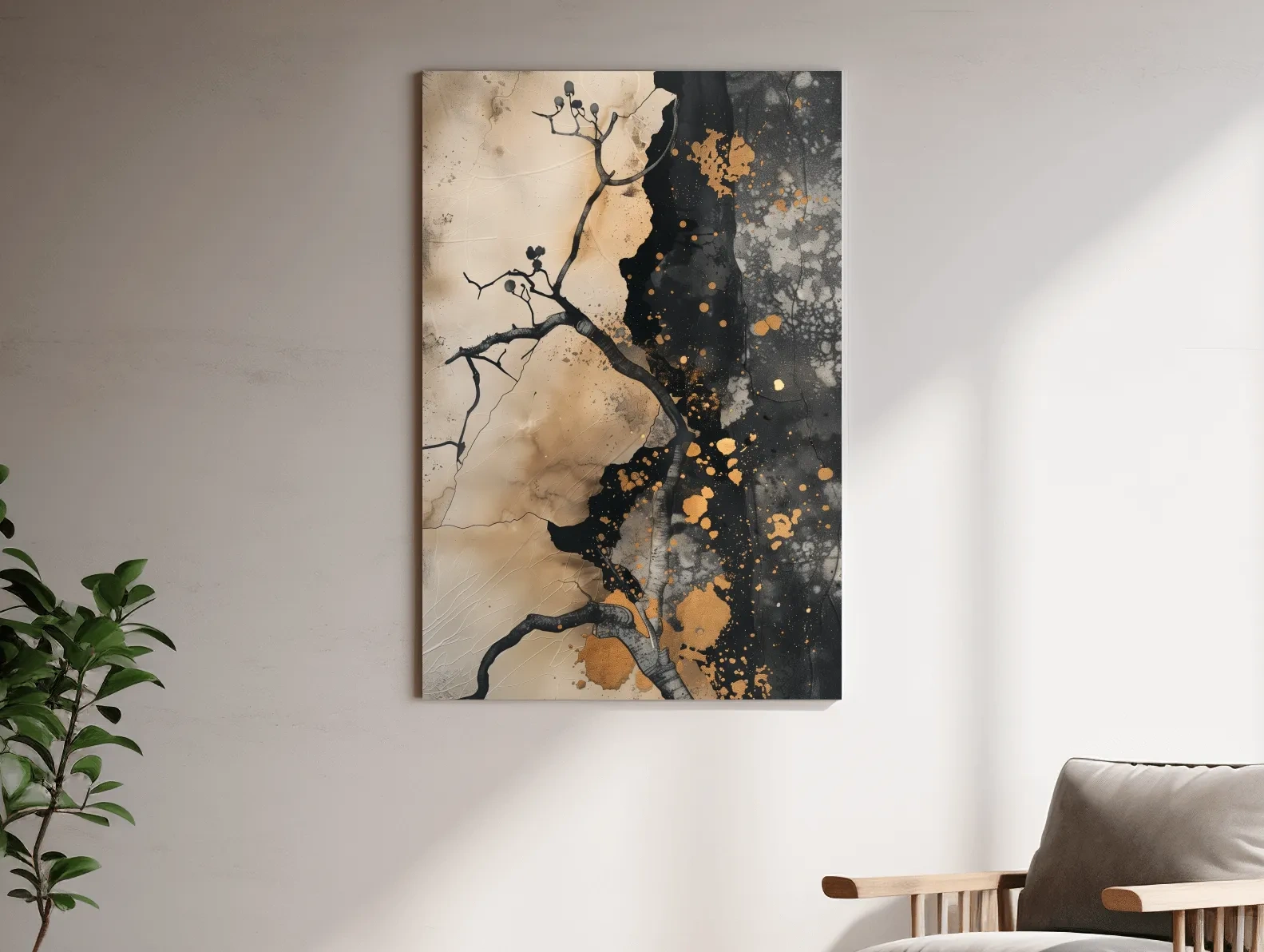 Ink Branch Silhouette With Gold Splatter - Modern Japandi Abstract Wall Art
