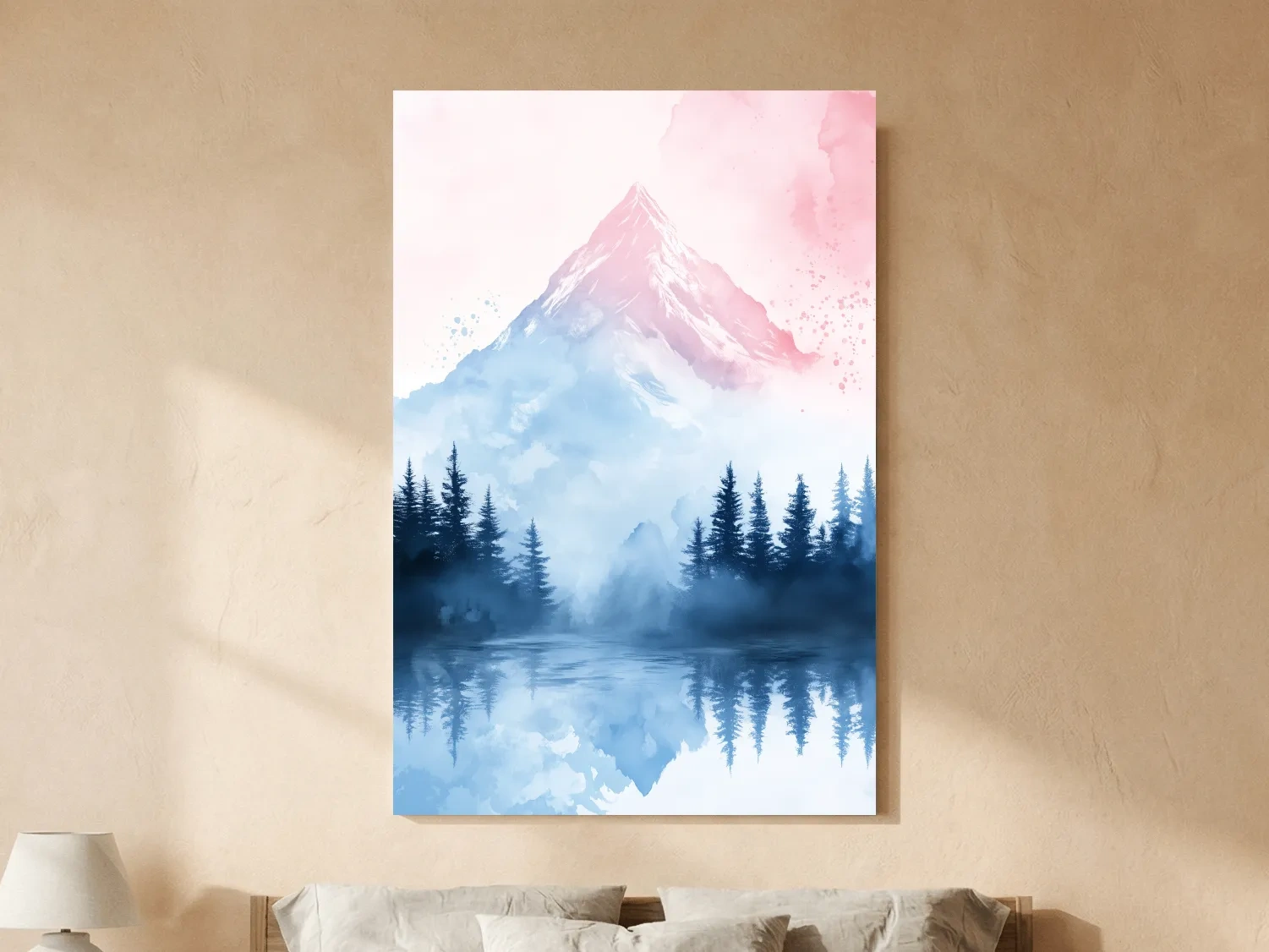 Dreamy Watercolor Alpine Lake Reflection - Pastel Forest Wall Art
