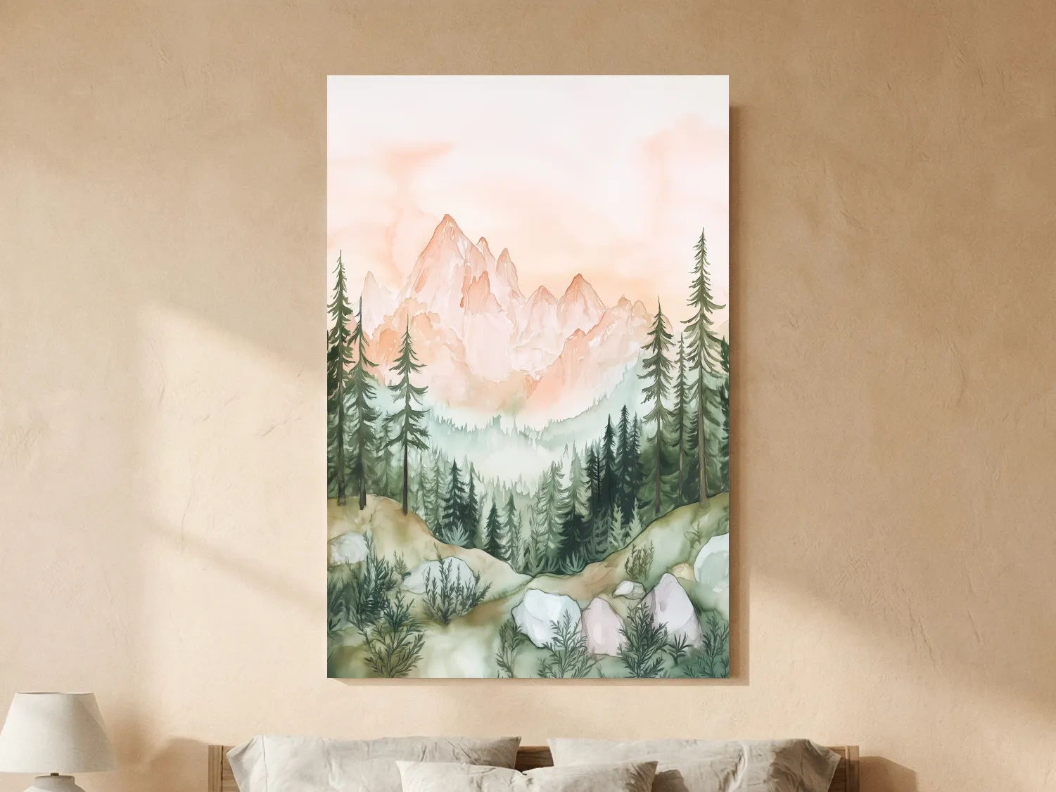 Pastel Watercolor Mountain Peaks & Pine Forest - Serene Alpine Landscape Artwork