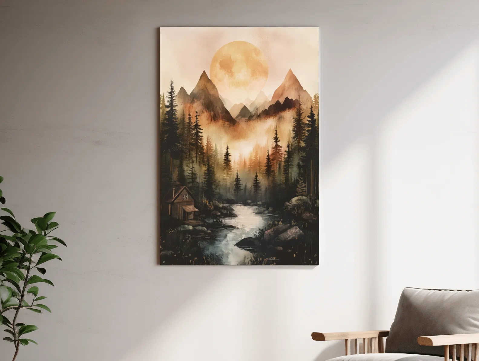 Alpine lake cabin painting, rustic watercolor effect, forest and mountains