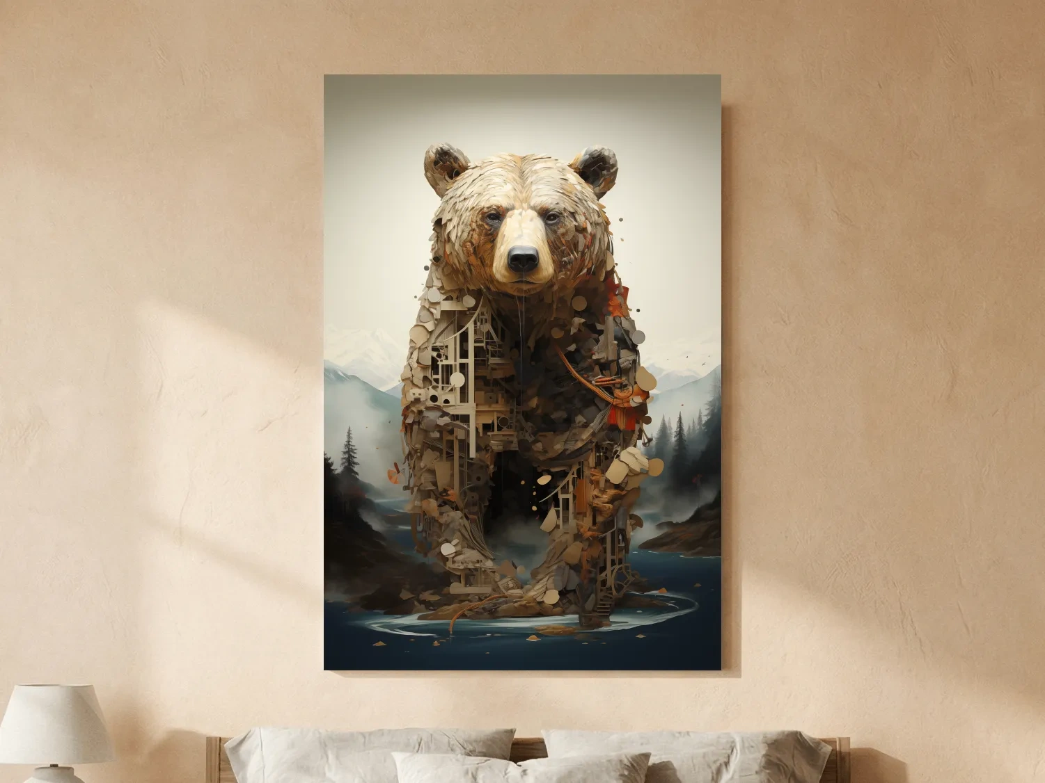 Surreal Grizzly Bear Collage Illustration - MC Escher Style Wildlife Wall Art