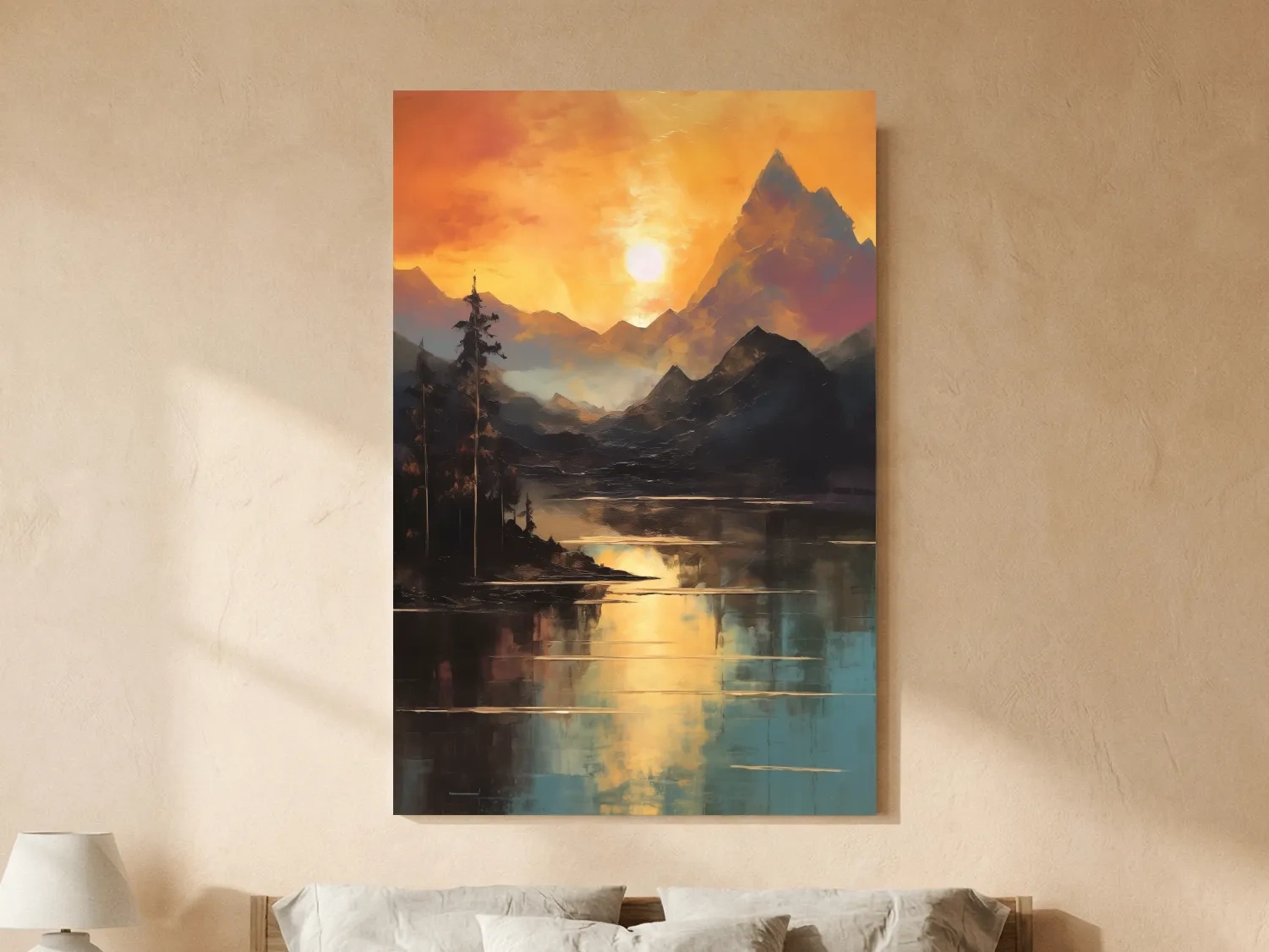 Golden Sunset Alpine Lake Reflection - Mountain Oil Painting Wall Art