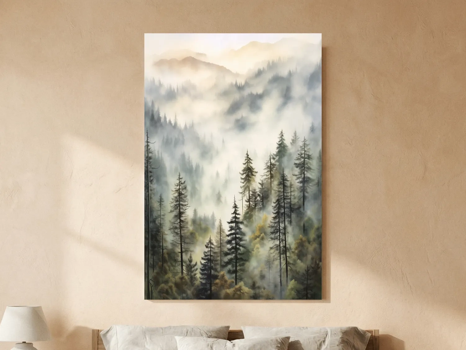Misty Pine Forest Mountains Watercolor - Serene Foggy Landscape Wall Art
