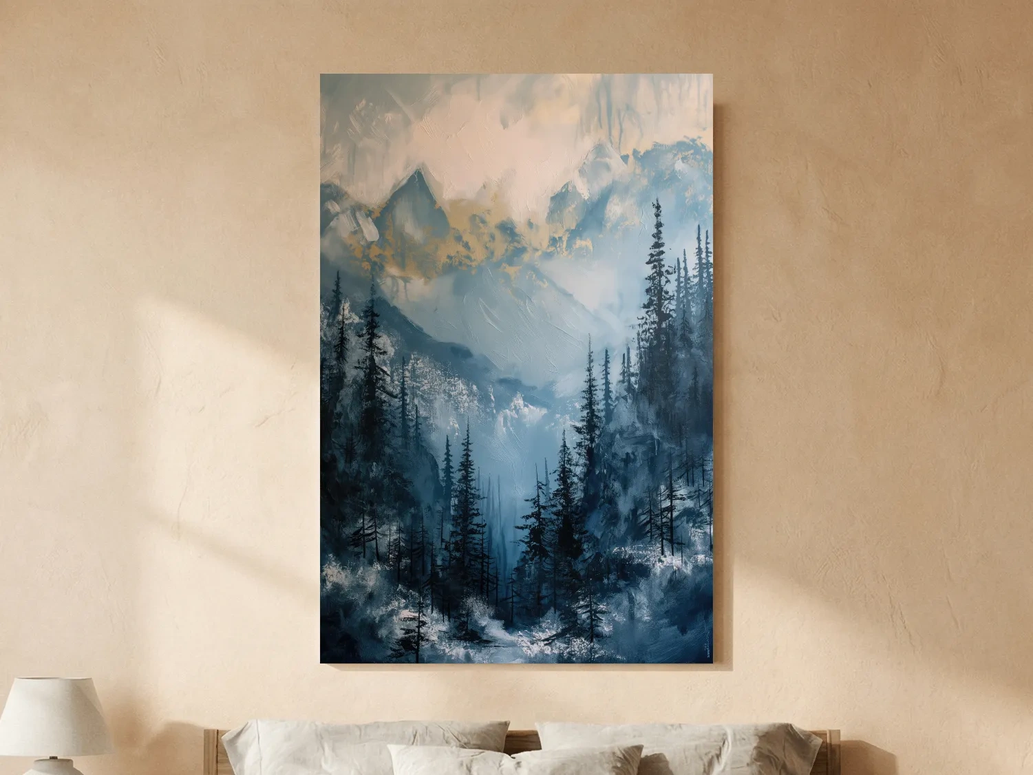 Moody Misty Blue Mountain Forest Painting - Alpine Landscape Wall Art