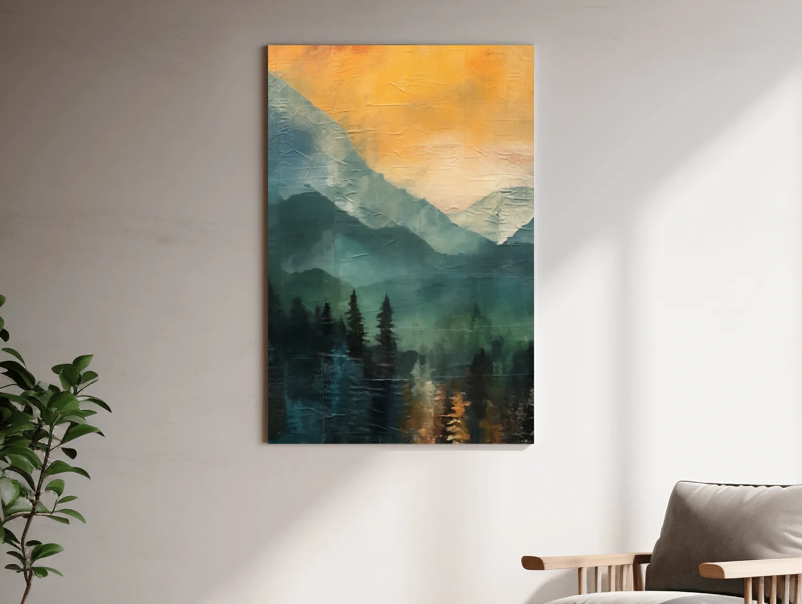 Rustic textured style art, mountains at sunset