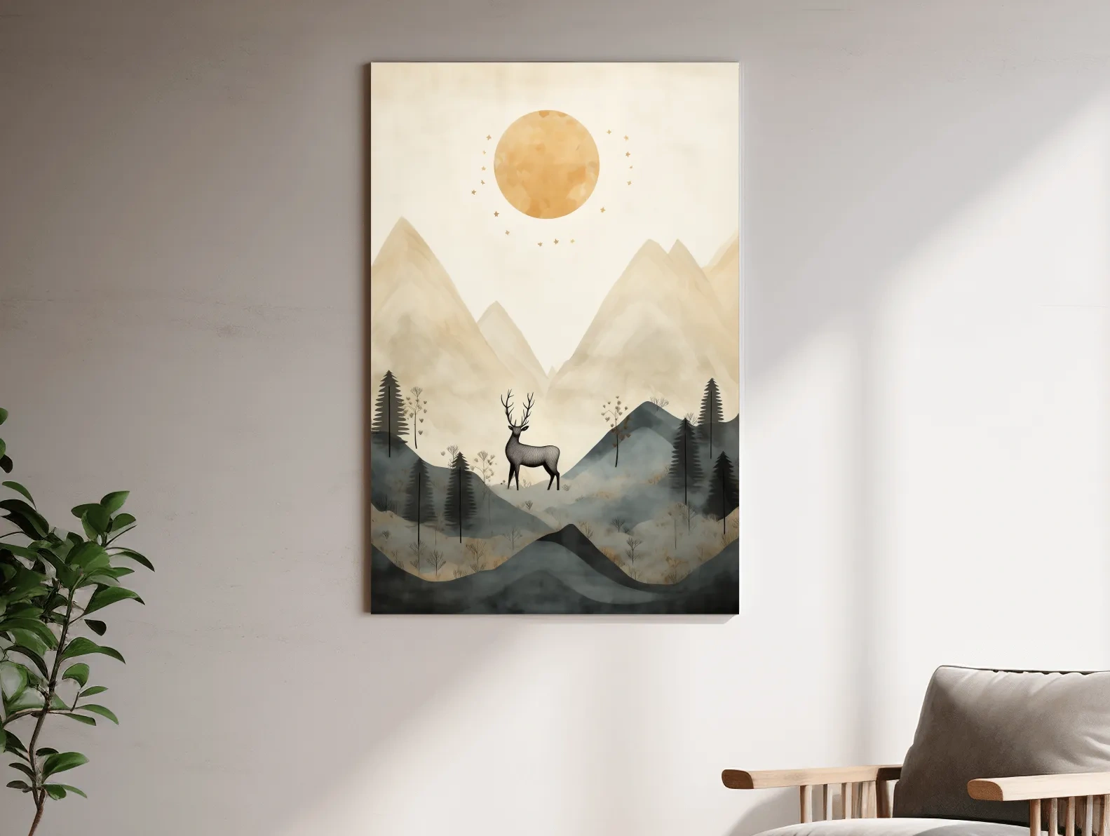Deer standing in the forest under the night sky, quirky illustration art