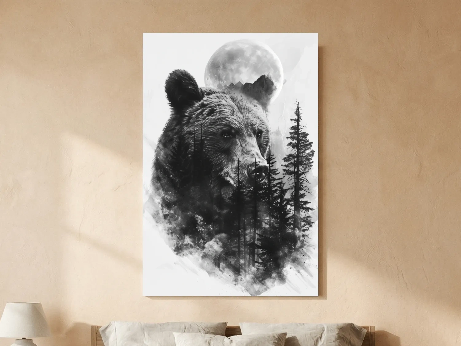 Grizzly Bear Moon Forest Drawing - Black And White Double Exposure Wildlife Wall Art